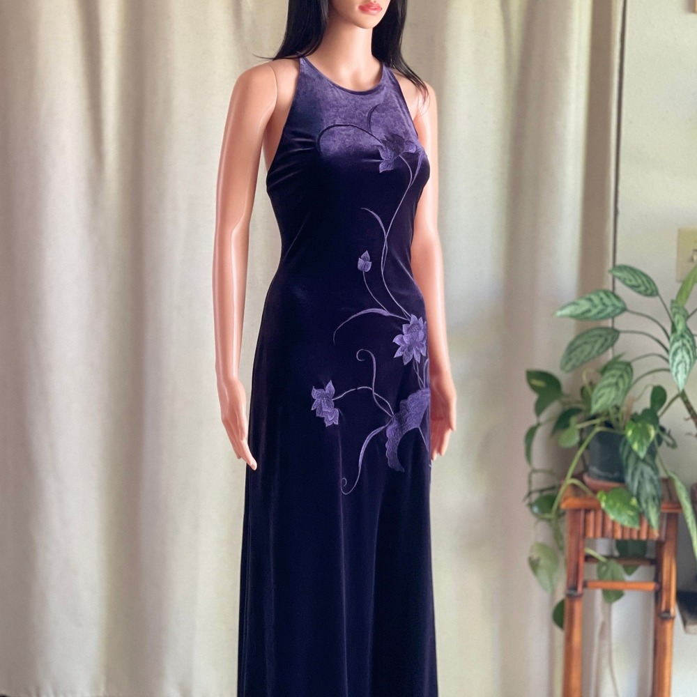 Vtg 90s Purple Velvet Floral Embroidered Maxi Dress Whimsigoth Goth Vampy 6